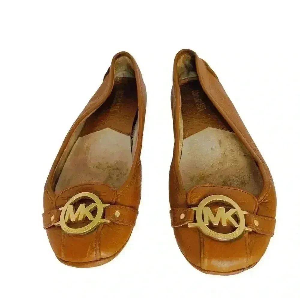 Michael Kors Brown Leather Flats Loafers Gold MK Emblem Women's Size 8.5